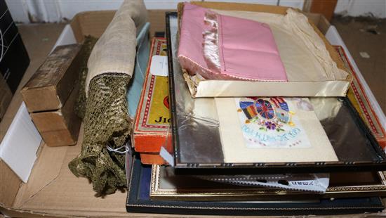 3 WWI medals, WWII medal, Regimental badges, small Q early 20C silk postcards, Great War cushion cover, Cunard jigsaw etc